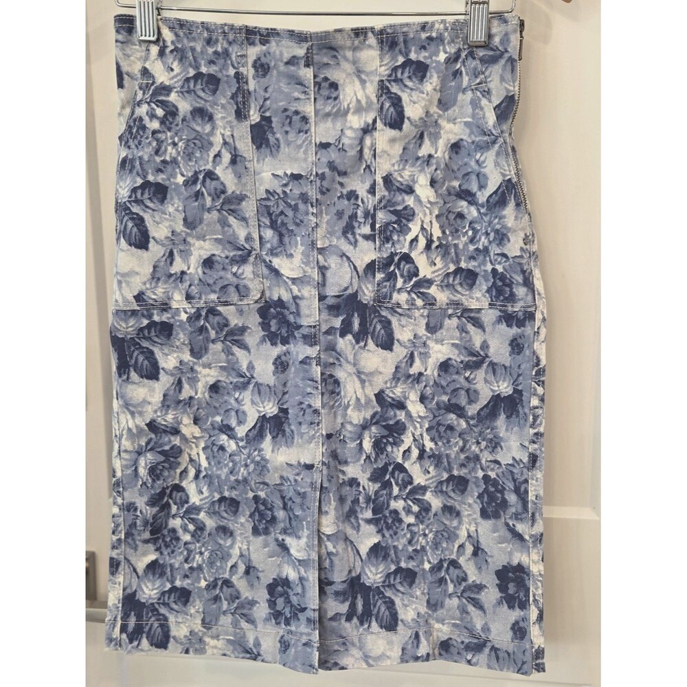 Blue Floral Denim Cottagecore Midi Skirt Women’s S Stretch Toile Print